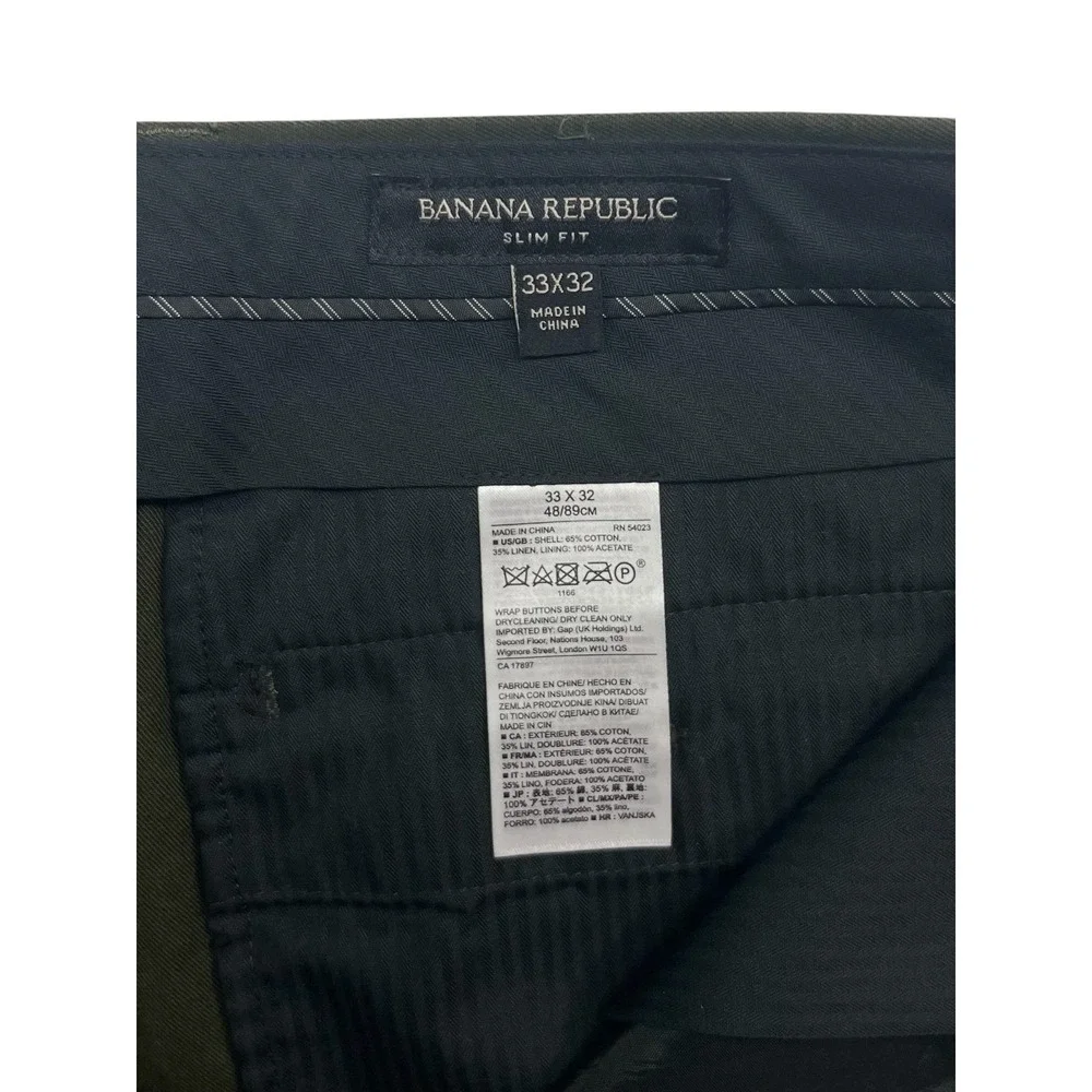 Banana Republic 33x29 Olive Green Linen Cotton Chino Pants Trousers Flat Front